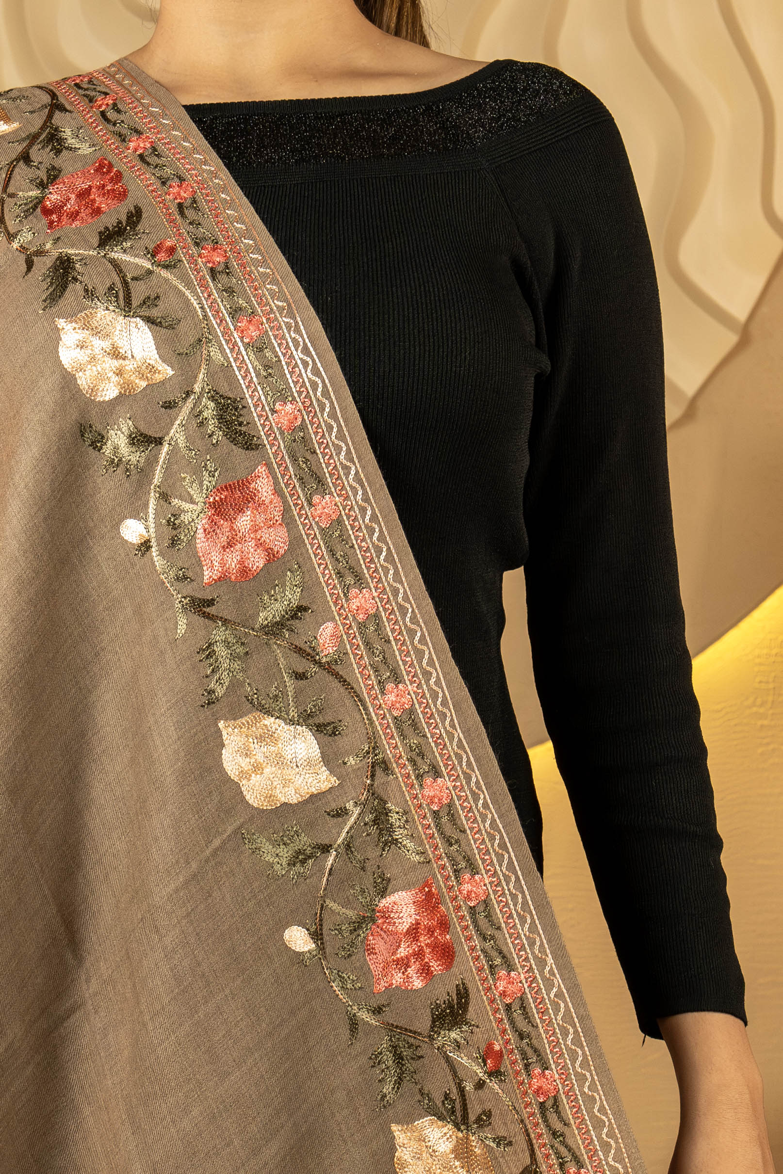 Aari Embroidered Brown Pure Wool Stole For Women